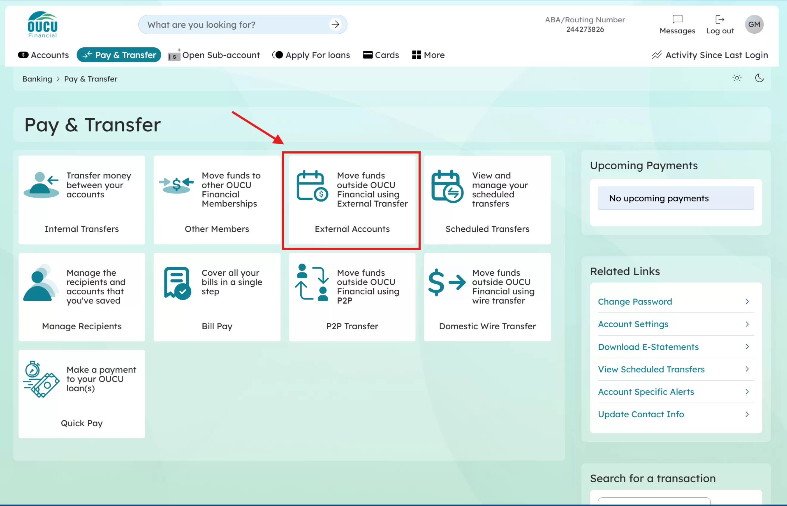 Now click on the “External Accounts” option. If you need to add additional accounts you can go back to the “Manage Recipients” option.